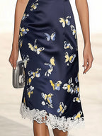 Navy Blue Satin Dress with Butterfly Print and White Lace Trim