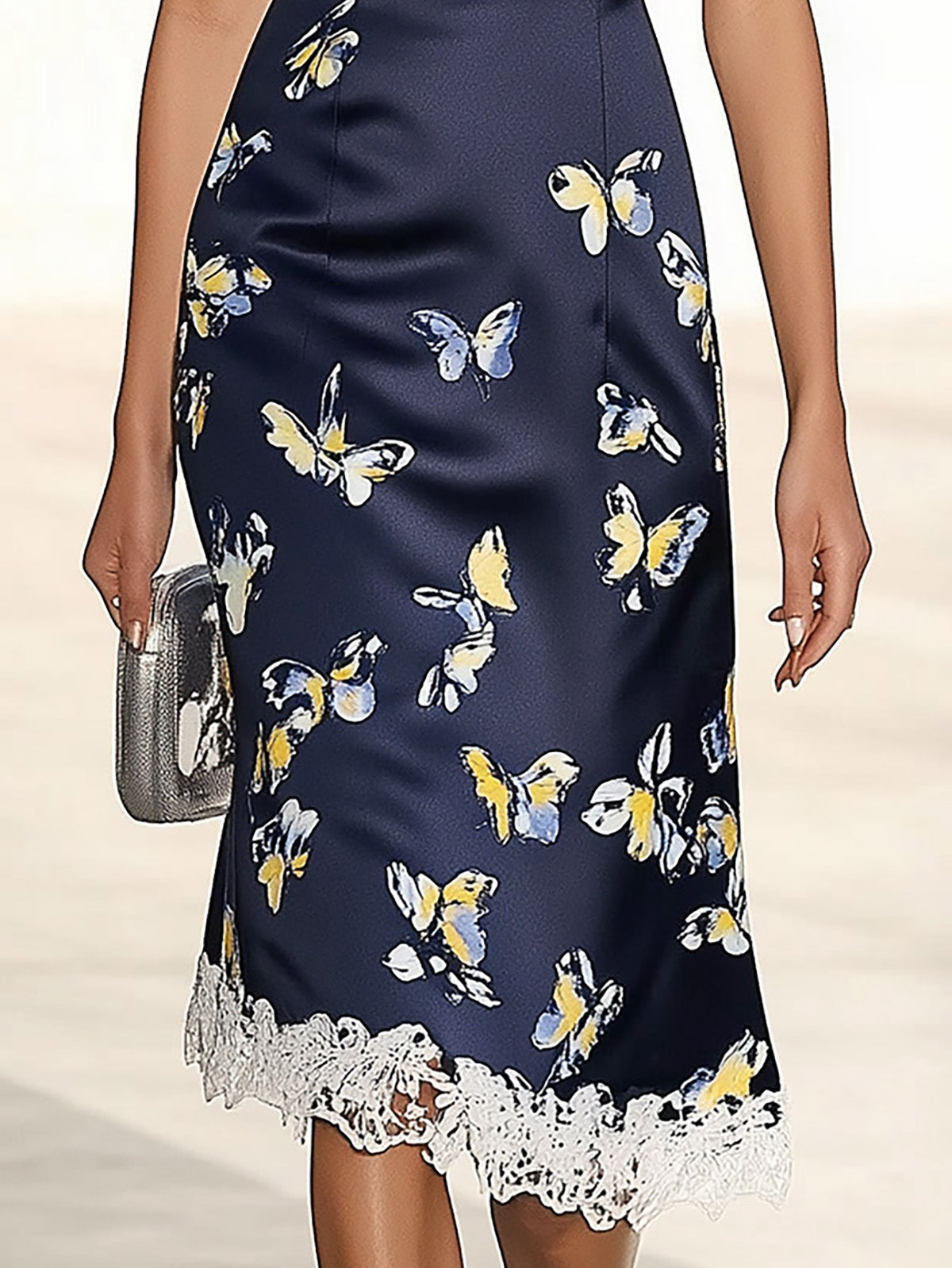 Navy Blue Satin Dress with Butterfly Print and White Lace Trim