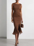 Brown Pleated Slit Classic Boat Neck Sleeveless Mermaid Midi Dress