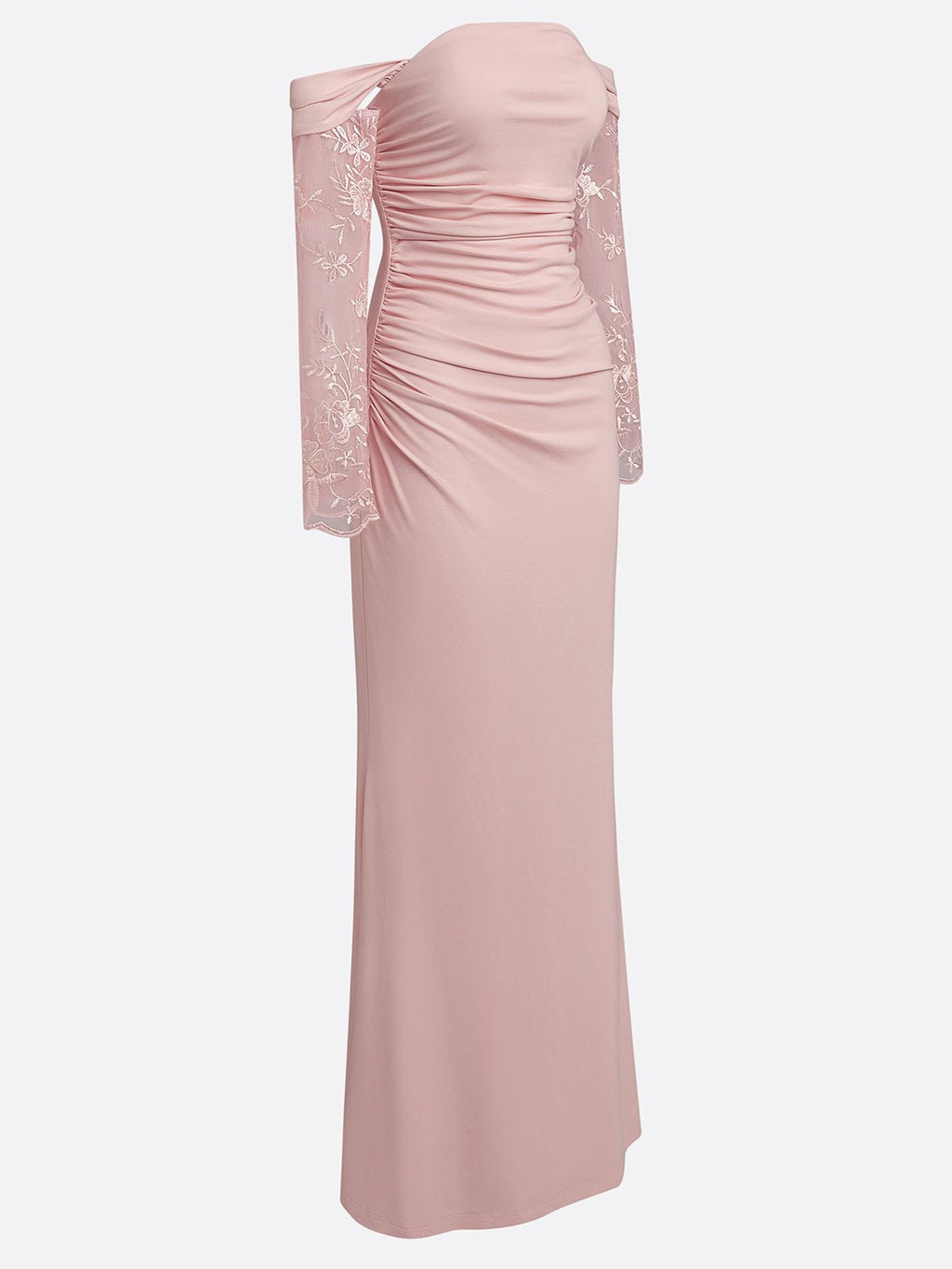 Pink Lace Knit Off The Shoulder Long Sleeve Sheath Gown Dress