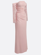 Pink Lace Knit Off The Shoulder Long Sleeve Sheath Gown Dress