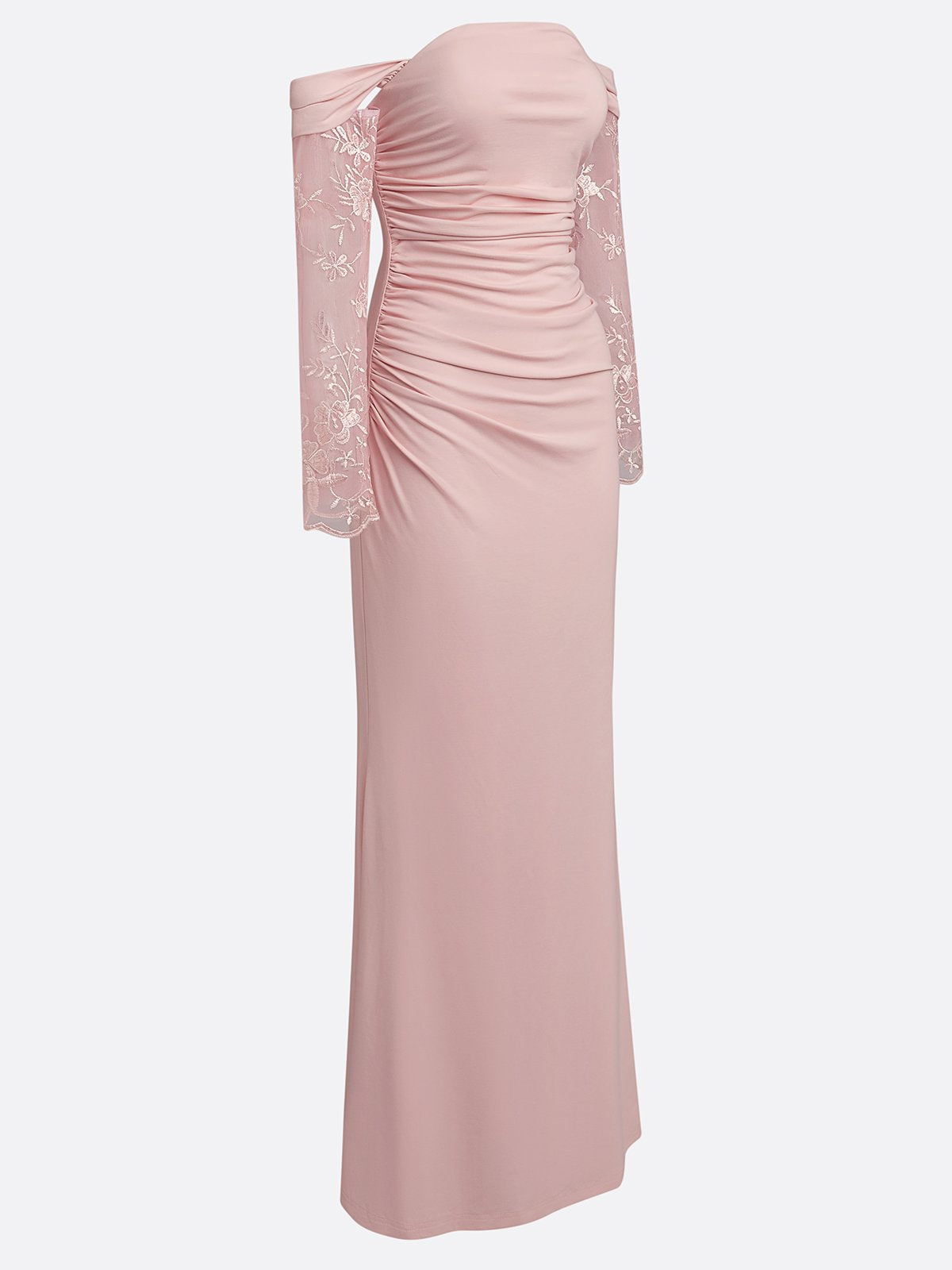 Pink Lace Knit Off The Shoulder Long Sleeve Sheath Gown Dress