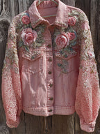 Pink Roses Embroidered Lace Patchwork Denim Jacket