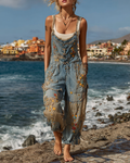 Summer Holiday Lace Handmade Star and Moon Embroidery Overall Jeans  5291