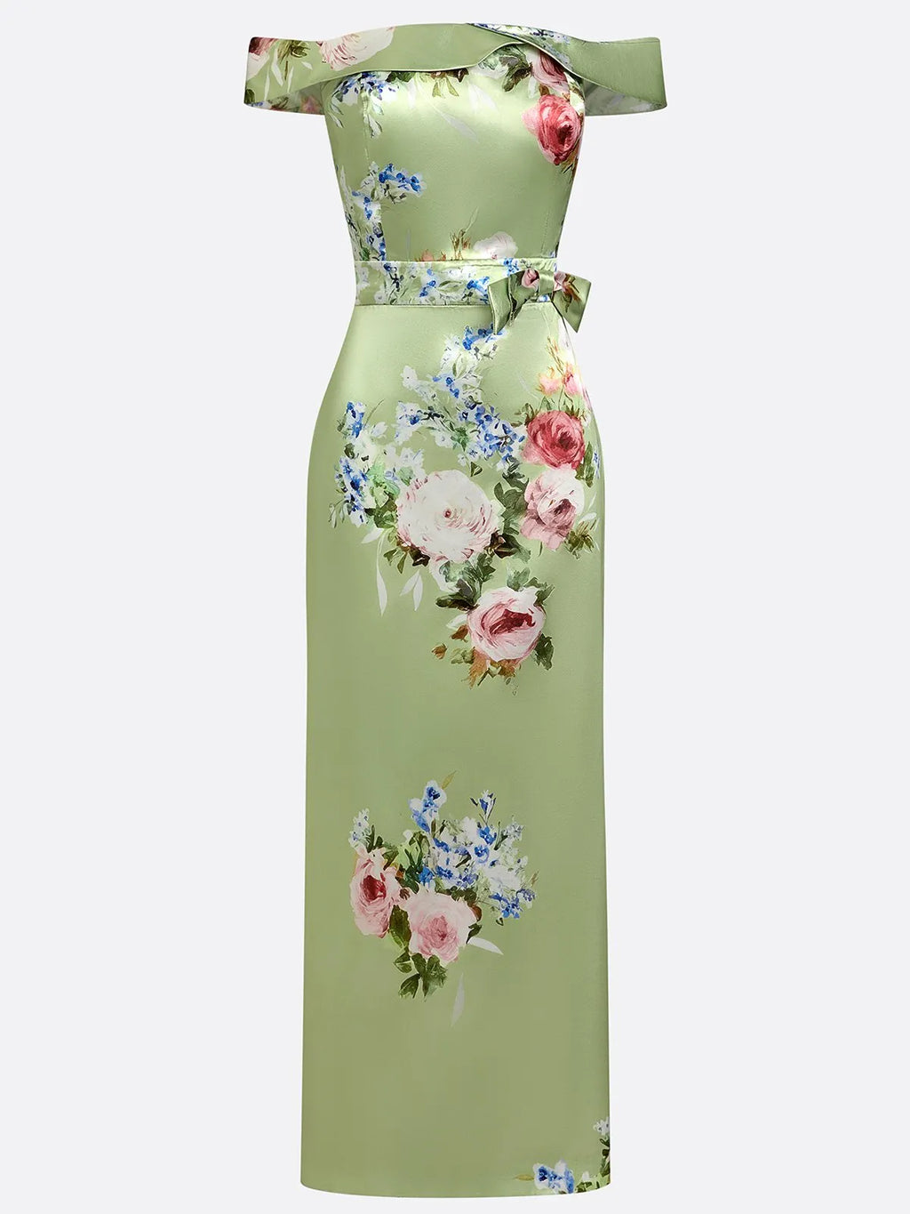 Green Floral Bow Satin Off The Shoulder Short Sleeve Sheath Maxi Dress