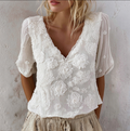 Bohemian Style Woman's V-neck White Rose Short-sleeved Shirt