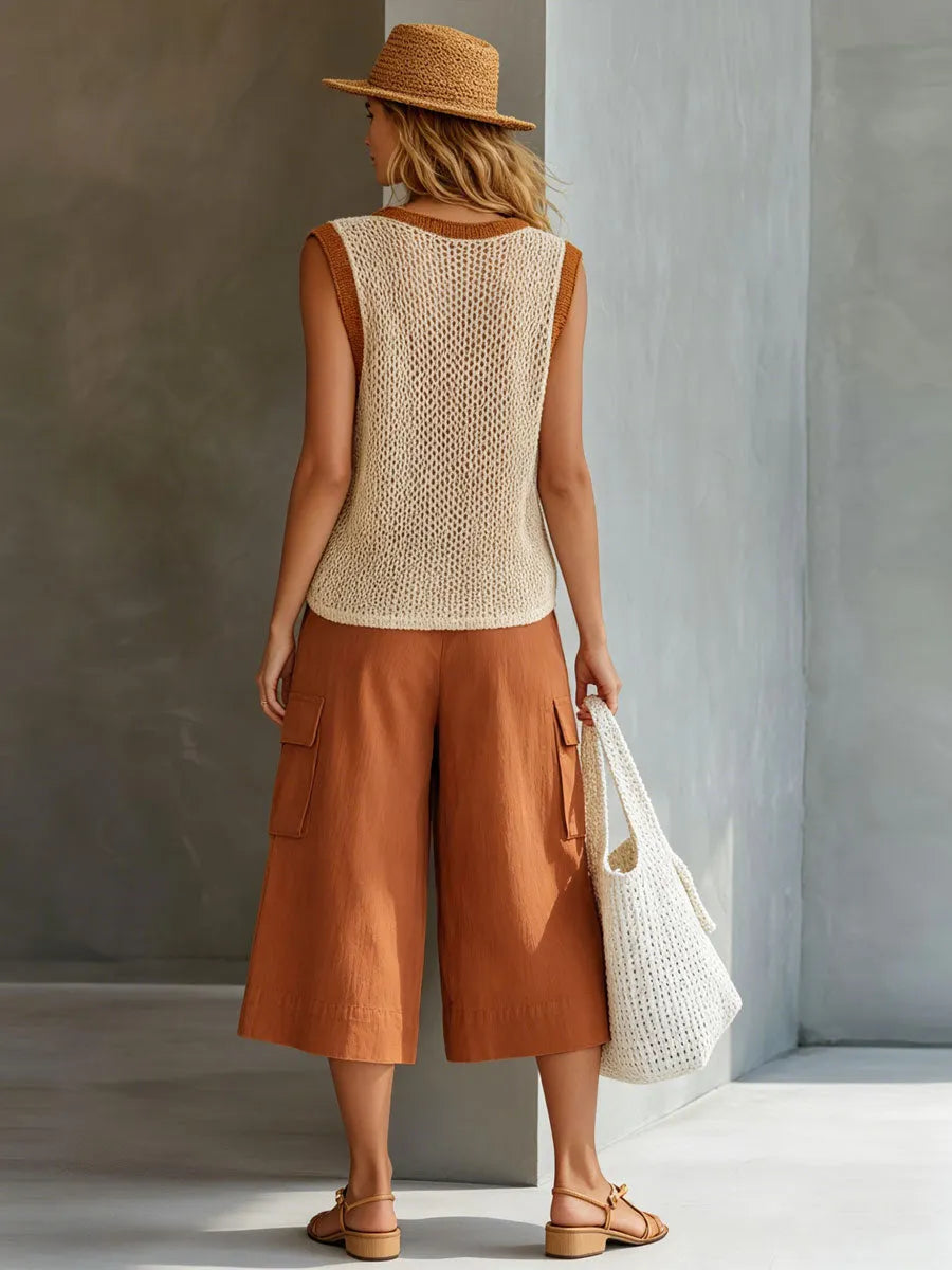 Casual Retro Mesh Knit Vest Caramel Cotton Linen Workwear Shorts Set