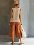 Casual Retro Mesh Knit Vest Caramel Cotton Linen Workwear Shorts Set