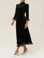 Black Beaded Ruffled Mock Neck Three Quarter Sleeve A-Line Maxi Velvet Dress