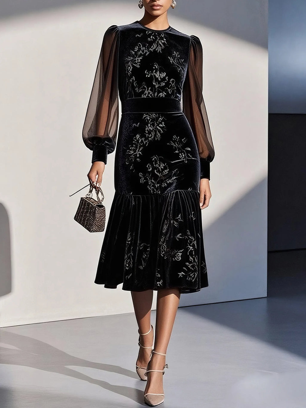 Black Mesh Jacquard Velvet Crew Neck Long Sleeve Balloon Sleeve Mermaid Midi Dress