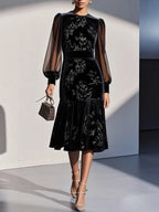 Black Mesh Jacquard Velvet Crew Neck Long Sleeve Balloon Sleeve Mermaid Midi Dress