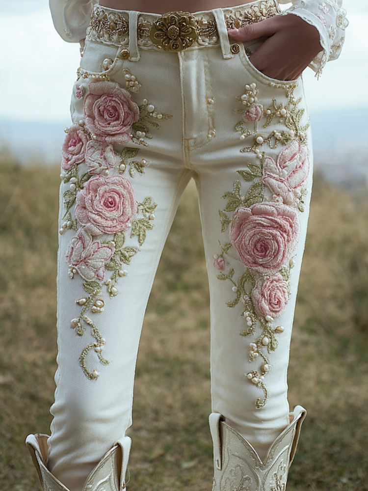 Bohemian Style Pink Rose Embroidery Pattern Women's Skinny Jeans