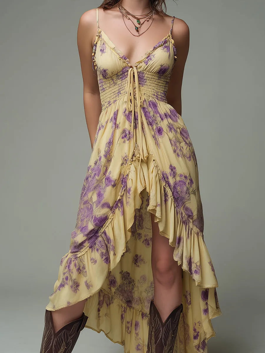 Boho High-Low Hem Shirred Waist Printed Midi Dress