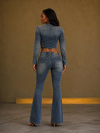 Lace-Up Corset Denim Two Piece Flare Pant Set
