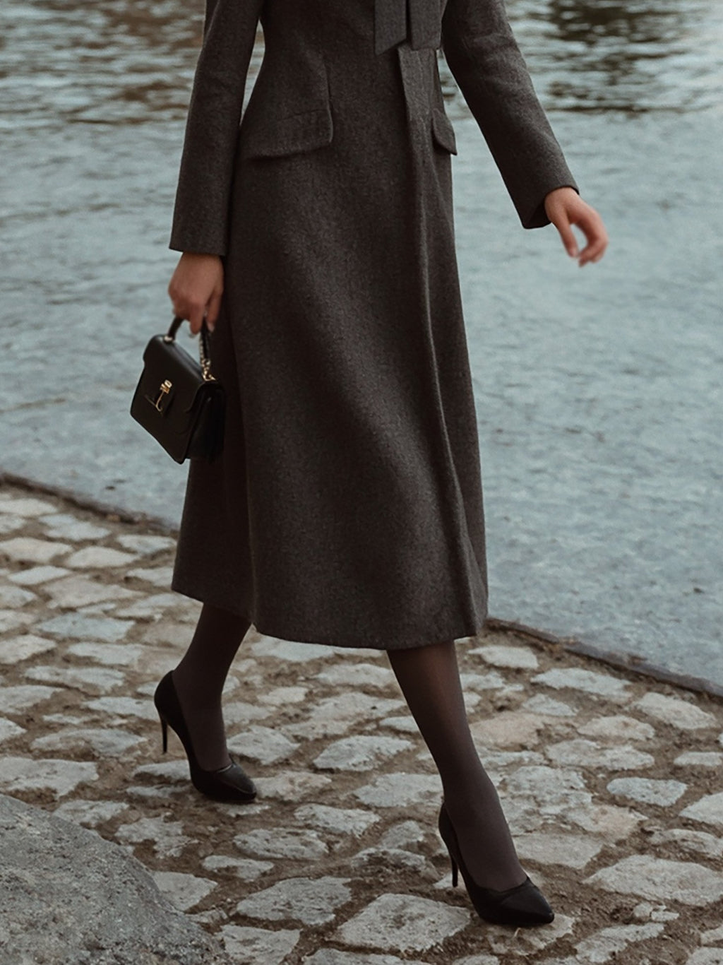 Wool Trench Coat, Long Sleeves, Plain, Pocket Design, Vintage, Deep Gray