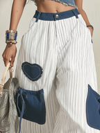 Oversized Striped Denim Patch Wide-Leg Cargo Pants