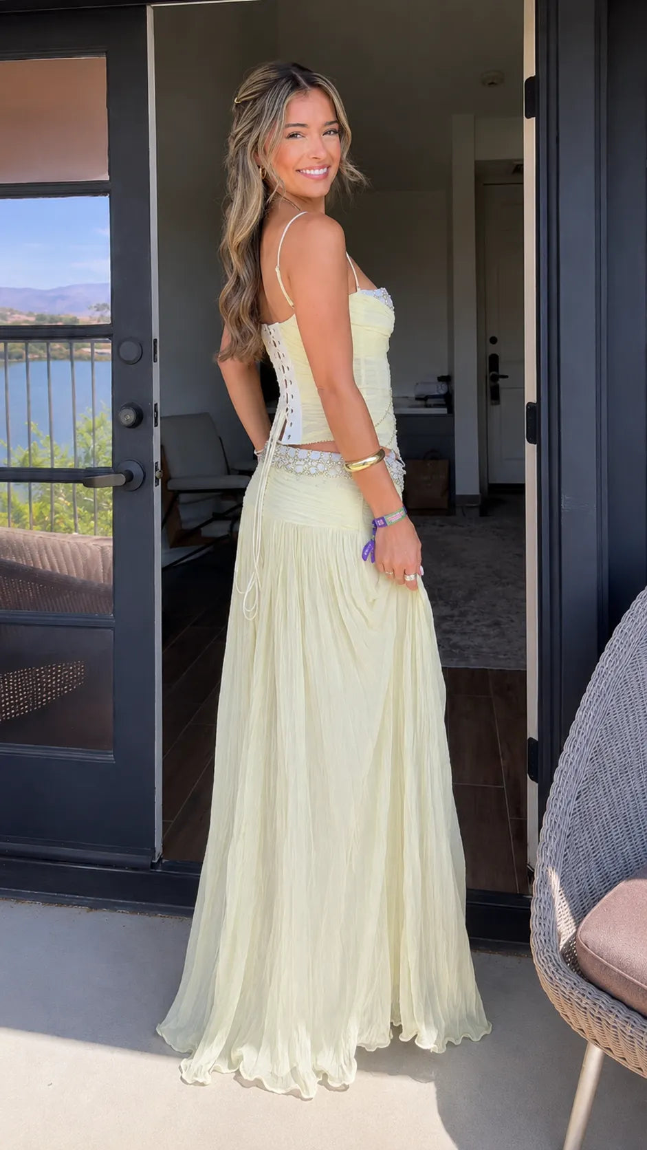 Beaded Pleated Chiffon Maxi Dress Set