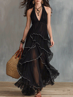 Chic Layered Tulle Boho Sheer Ruffle Halter Maxi Dress