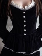 Black Velvet Peplum Corset Buttons With Lace Trim & Pearl Buttons