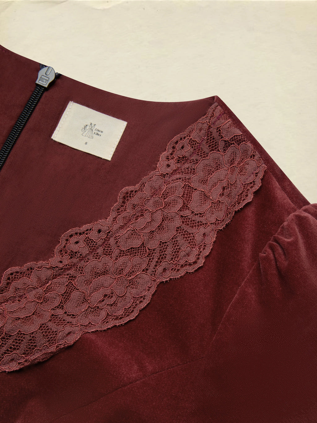 Midi Cotton Dress, Long Sleeves, Scoop Neck, Plain, Lace, Vintage, Red
