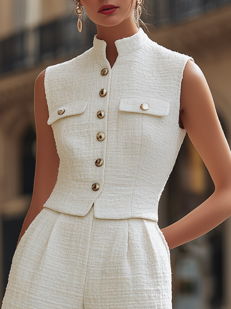 Elegant Tweed Stand Collar Gold Button Vest & High-Waisted Shorts Two-Piece Set
