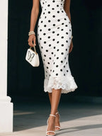 White Polka Dots Lace Classic V Neck Short Sleeve Sheath Midi Dress