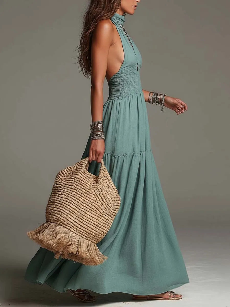 Bohemian Cotton-Linen Halter Smocked Tiered Maxi Dress