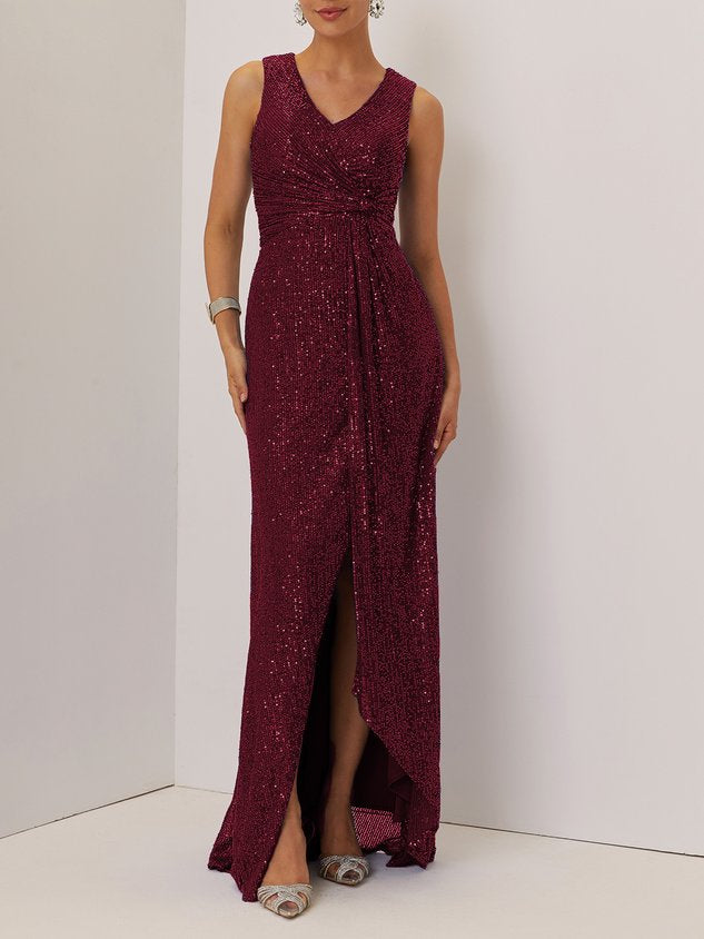 Blue Ruched Sequin V Neck Sleeveless A-Line Maxi Mother of the Bride or Groom Dress