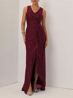 Blue Ruched Sequin V Neck Sleeveless A-Line Maxi Mother of the Bride or Groom Dress