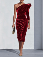 Green One Shoulder Three Quarter Sleeve Sheath Midi Velvet Dress