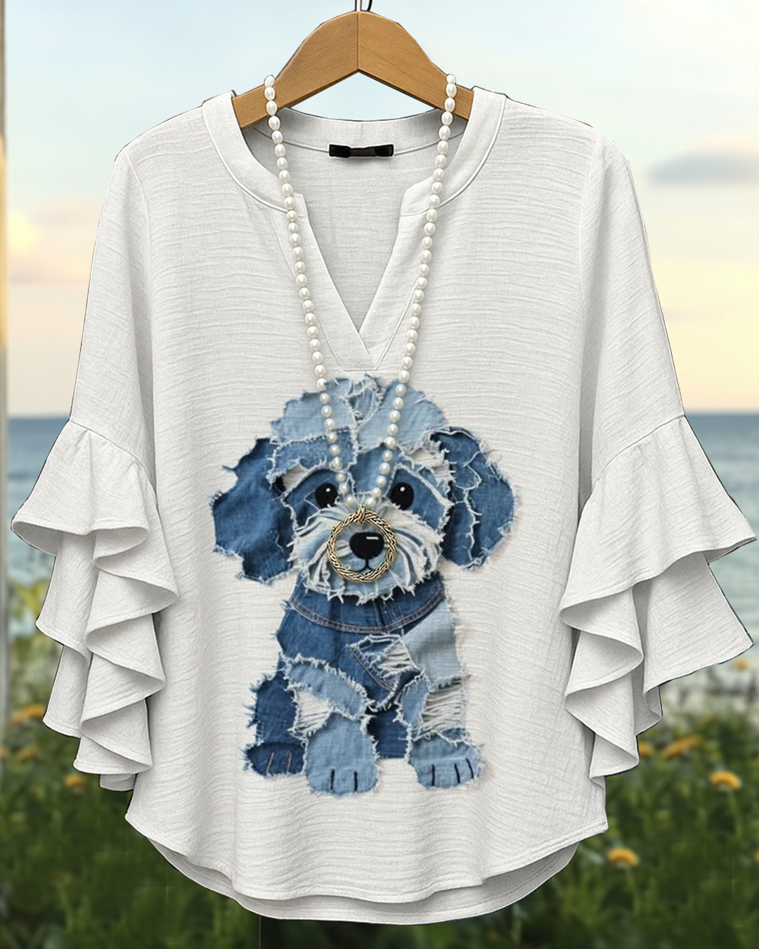 Summer Casual Puppy Denim Patchwork Hole Top & Trousers Two-piece Set 4259