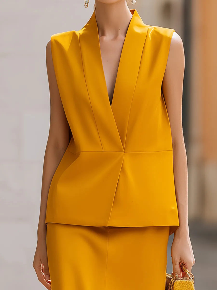 Stand Collar V-Neck Sleeveless Vest & Slit Midi Skirt Two-Piece Set