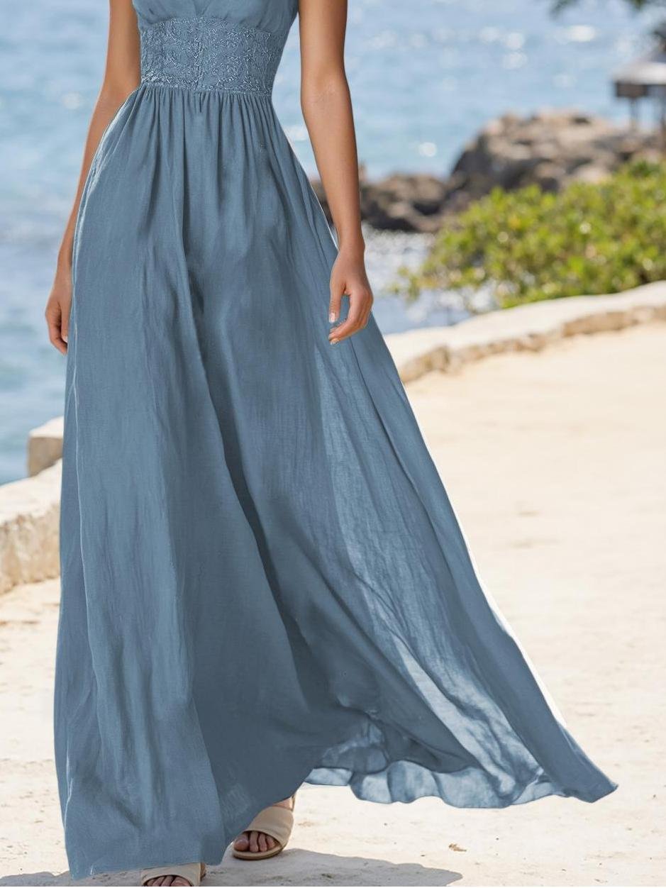 (SIZE:XS-XXL)Linen Maxi Dress, Sleeveless, V neck, Plain, Vintage, Blue