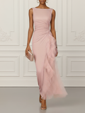 Pink Mesh Ruched Knit Boat Neck Sleeveless Sheath Maxi Dress
