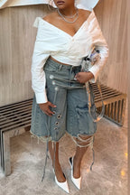 Off‑Shoulder Wrap Shirt & Denim Cargo Knee Shorts Outfit