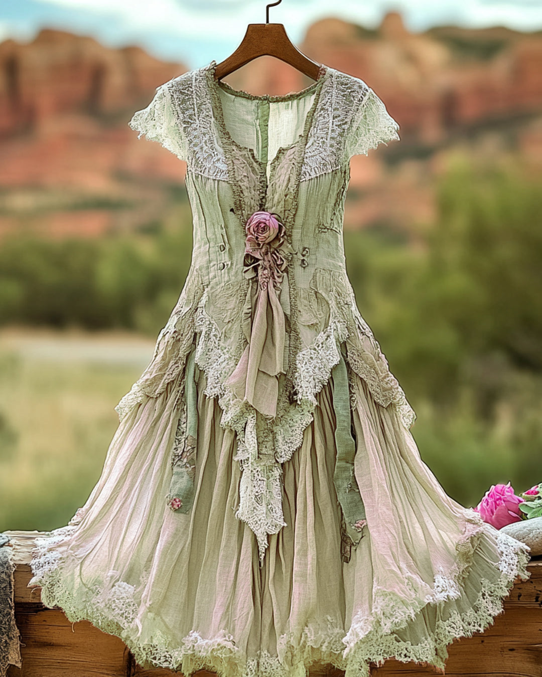 Summer Vintage Floral Lace Patchwork Orange  Dress 9144
