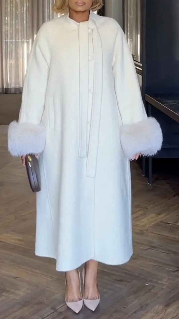 White Faux Fur Cuff Long Wool Coat