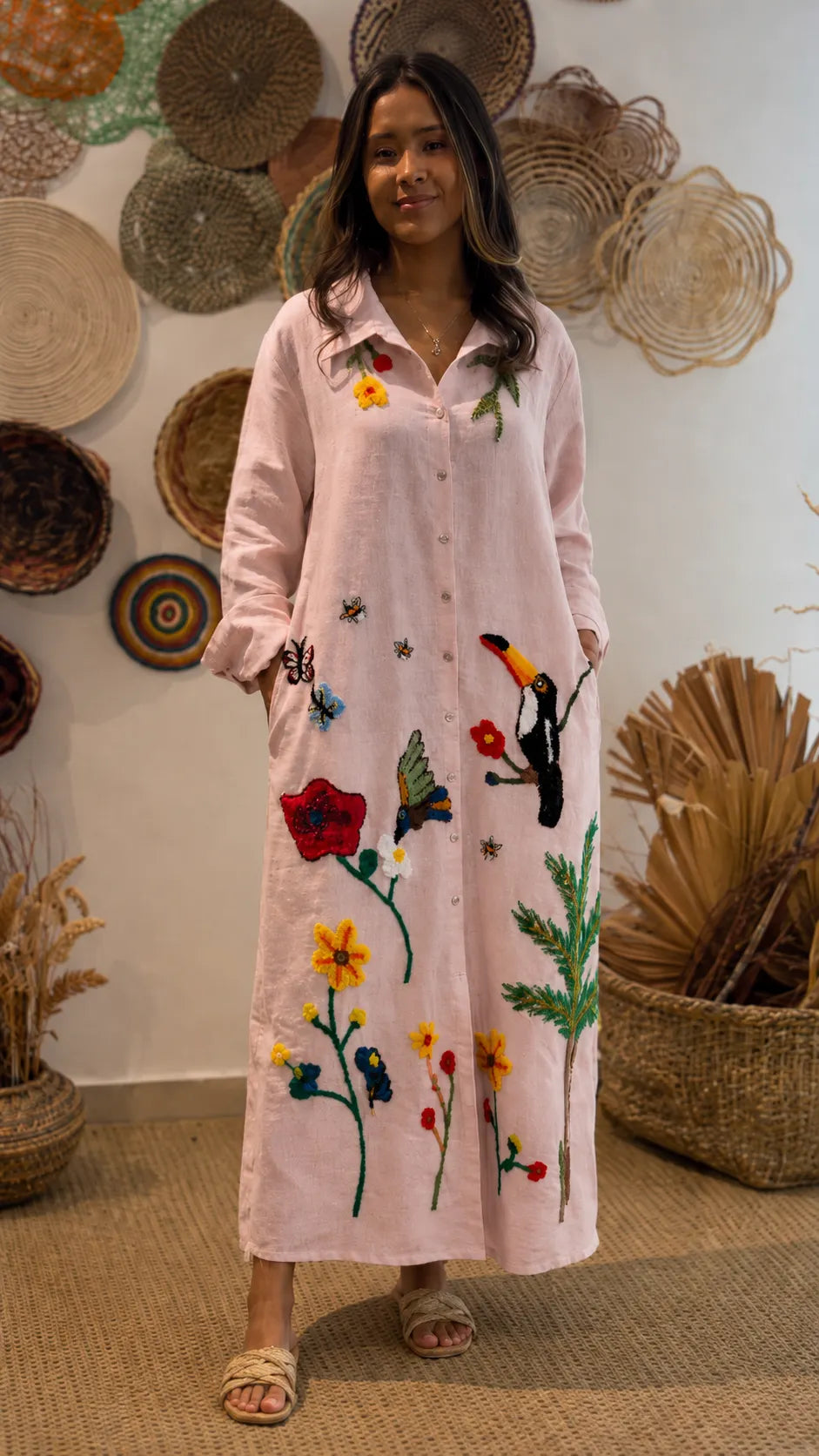 Floral & Bird Embroidered Linen Shirt Midi Dress