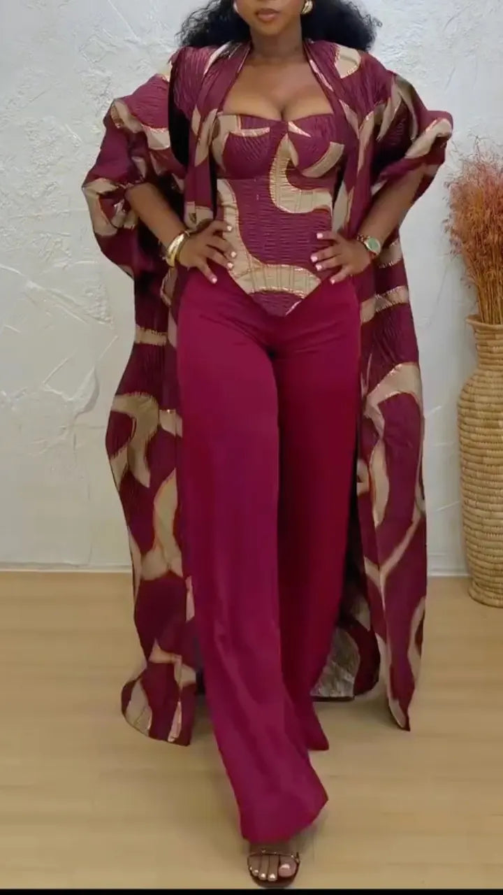 Printed Long Kimono Robe & Pant 3‐Piece Suit