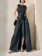 Dark Grey Zip-Front Top & Overlay Maxi Skirt Set