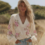 Women's Retro Pink Floral Print V-neck Linen Blend T-shirt