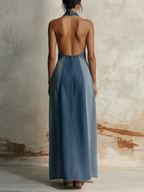 Blue Denim Halter Neck Cutout Color Block Maxi Dress