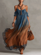 Blue Gradient Chiffon Maxi Dress With Lace Trim