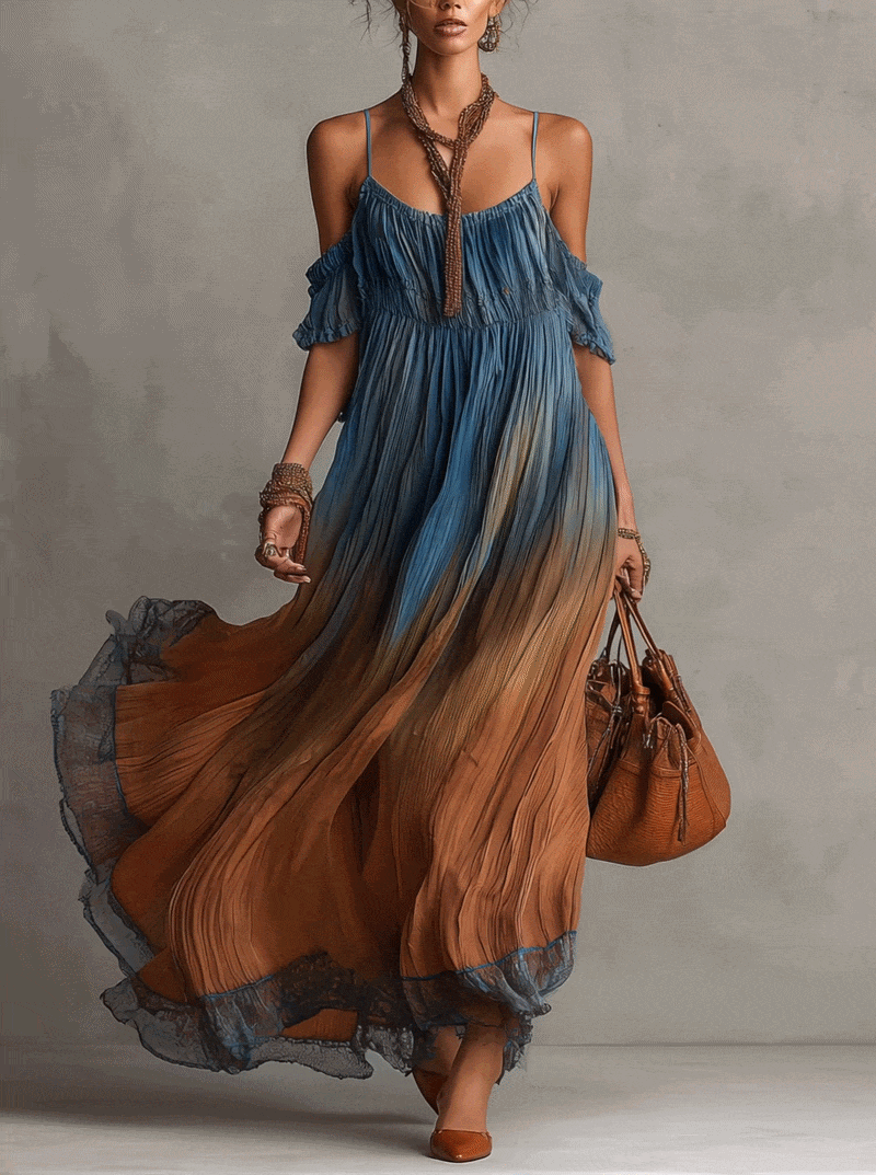 Blue Gradient Chiffon Maxi Dress With Lace Trim