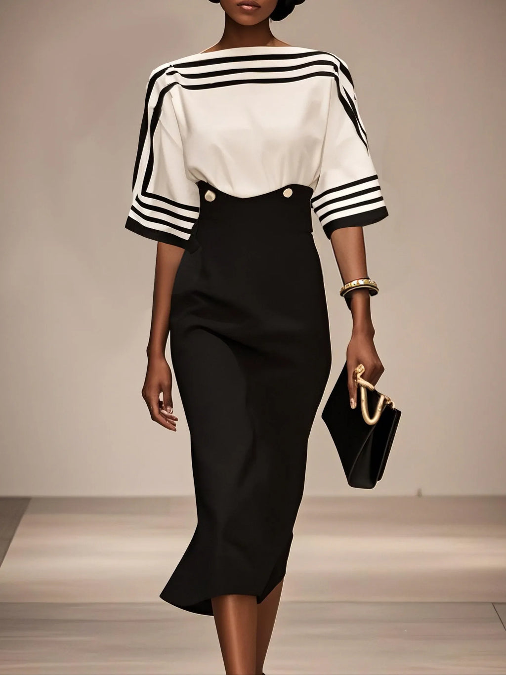 Black White Striped Boat Neck Half Sleeve Sheath Midi Satin Dress