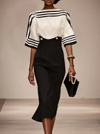 Black White Striped Boat Neck Half Sleeve Sheath Midi Satin Dress