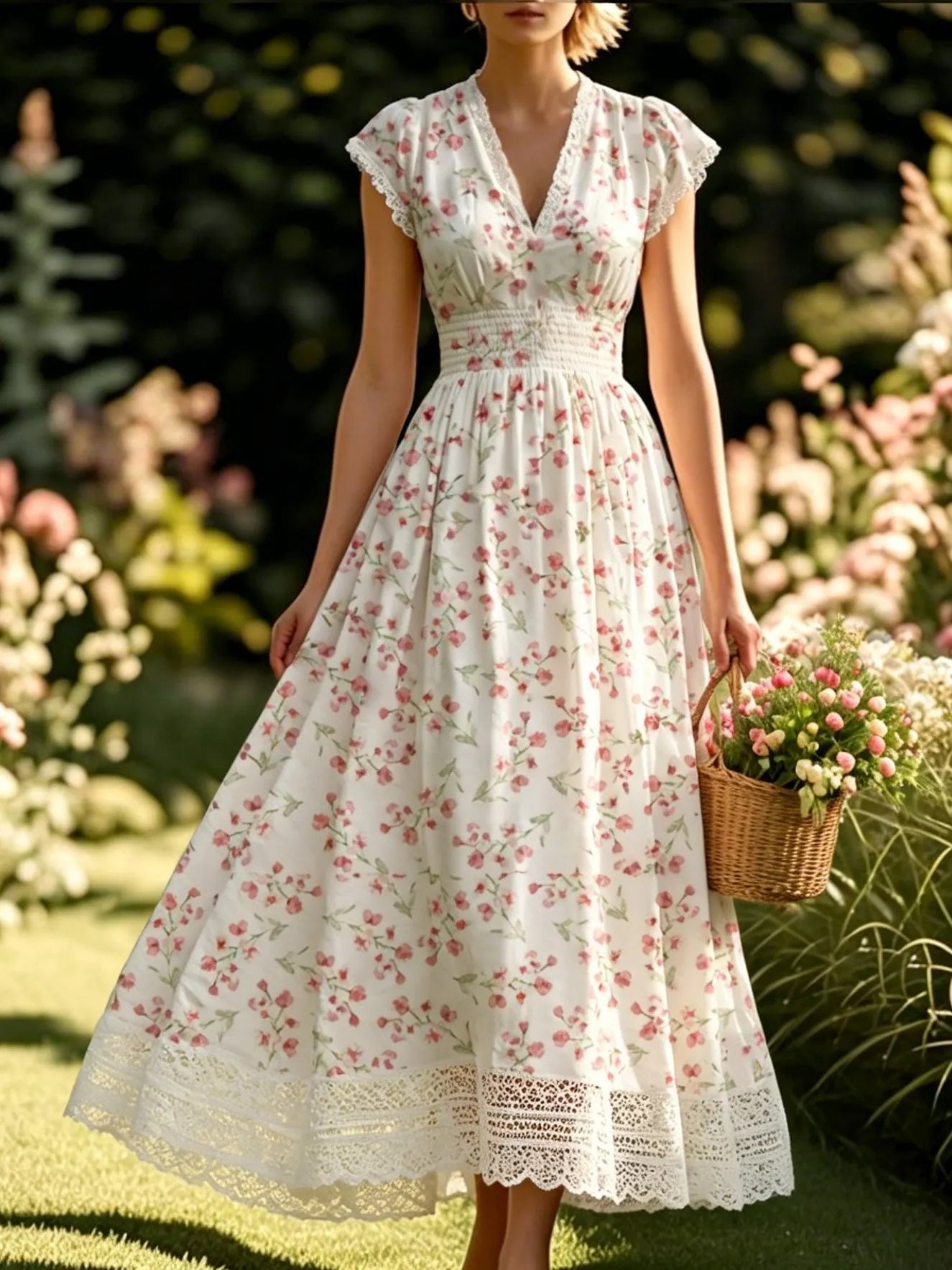 (SIZE:XS-XXL) Linen Maxi Dress, Short Sleeve, Lace Collar, Floral, Vintage, White