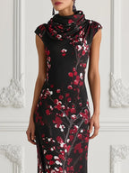 Black Red Cherry Blossom Print Maxi Dress