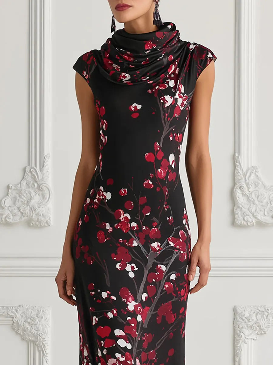 Black Red Cherry Blossom Print Maxi Dress