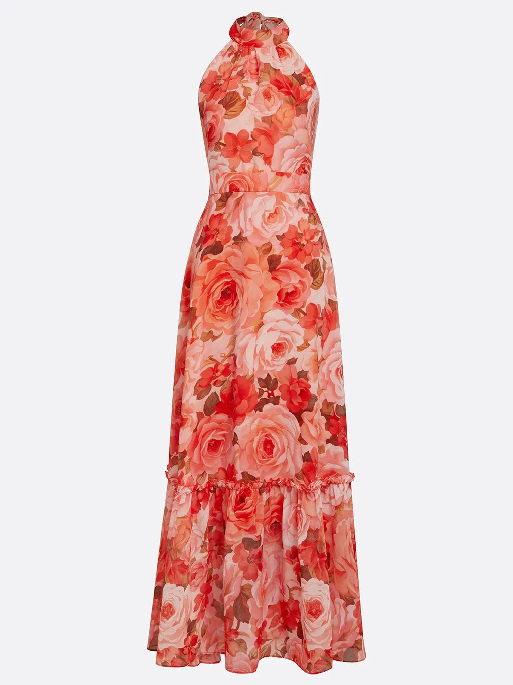 Orange Red Floral Bow Chiffon Halter Sleeveless A-Line Maxi Dress